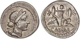 ROMAN COINS: ROMAN EMPIRE
Denario. Acuñada el 46-45 a.C. JULIO CÉSAR. Anv.: Cabeza diademada de Venus a derecha, detrás Cupido. Rev.: Trofeo de armas...