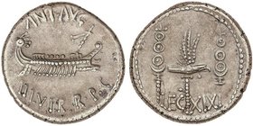 ROMAN COINS: ROMAN EMPIRE
Denario. Acuñada el 32-31 a.C. MARCO ANTONIO. Anv.: ANT. AVG. III VIR. R. P. C. Galera pretoriana a derecha. Rev.: LEG. XIX...