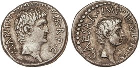 ROMAN COINS: ROMAN EMPIRE
Denario. Acuñada el 39 a.C. MARCO ANTONIO y AUGUSTO. Anv.: M. ANTON. IMP. III VIR. R. P.C. Cabeza descubierta de Marco Anto...