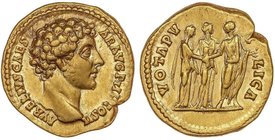 ROMAN COINS: ROMAN EMPIRE
Áureo. Acuñada el 145 d.C. MARCO AURELIO. Anv.: AVRELIVS CAESAR AVG. P.II.F.COS.II. Cabeza descubierta a derecha. Rev.: VOT...