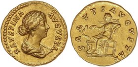 ROMAN COINS: ROMAN EMPIRE
Áureo. Acuñada el 161-176 d.C. FAUSTINA HIJA. Anv.: FAVSTINA AVGVSTA. Busto drapeado a derecha. Rev.: SALVTI AVGVSTAE. La S...