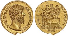 ROMAN COINS: ROMAN EMPIRE
Áureo. Acuñada el 163-164 d.C. LUCIO VERO. Anv.: L. VERVS AVG. ARMENIACVS. Busto descubierto a derecha. Rev.: TR. P. IIII. ...