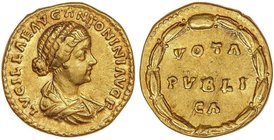 ROMAN COINS: ROMAN EMPIRE
Áureo. Acuñada el 164-169 d.C. LUCILA. Anv.: LVCILLAE AVG. ANTONINI AVG. F. Busto drapeado de Lucila a derecha. Rev.: VOTA....