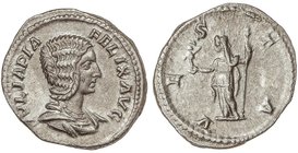 ROMAN COINS: ROMAN EMPIRE
Denario. Acuñada el 211-217 d.C. JULIA DOMNA. Anv.: IVLIA PIA FELIX AVG. Busto a derecha. Rev.: VESTA. Vesta en pie a izqui...