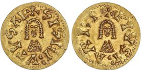 VISIGOTHIC COINS
Triente. SISEBUTO (612-621 d.C.). BARBI (Baética). Anv.: ¶SISEBVTVSRE. Rev.: ¶PIVSBARBI. 1,46 grs. AU. Miles-184a; VCC-214. EBC.
