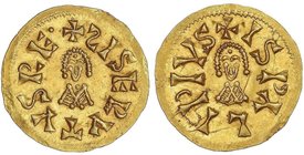 VISIGOTHIC COINS
Triente. SISEBUTO (612-621 d.C.). ISPALI (Baética). Anv.: ¶ISERVTVSRE¶. Rev.: ¶ISPALIPIVS. 1,51 grs. AU. VCC-219.35 var. punto final...