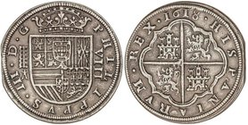 SPANISH MONARCHY: PHILIP III
 8 Reales. 1618. SEGOVIA. Anv.: Acueducto vertical, debajo ¶. 5 flores de lis en escudo. Ensayador: ¶. Cal-159. MBC+.