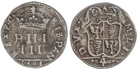 SPANISH MONARCHY: PHILIP III
4 Soldi. 1608. MILÁN. 2,8 grs. Ve. ESCASA. Vti-12. MBC.