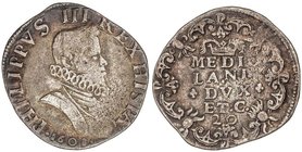 SPANISH MONARCHY: PHILIP III
Denaro de 20 Soldi. 1608. MILÁN. 5,37 grs. AR. Pátina. MUY RARA. CNI V 129; Crippa 15/B; MIR 349/2; Vti-17. MBC.
