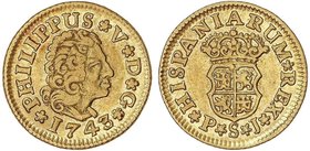 SPANISH MONARCHY: PHILIP V
 1/2 Escudo . 1743 . SEVILLA . P.J. 1,76 grs. Cal-584. EBC- .