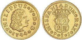 SPANISH MONARCHY: PHILIP V
1/2 Escudo. 1744. SEVILLA. P.J. 1,78 grs. Brillo original. Cal-586. EBC.