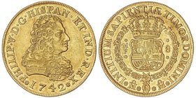 SPANISH MONARCHY: PHILIP V
8 Escudos. 1742. MÉXICO. M.F. 26,97 grs. (Levísimas rayitas de ajuste de peso). Restos de brillo original. BELLA. MUY ESCA...