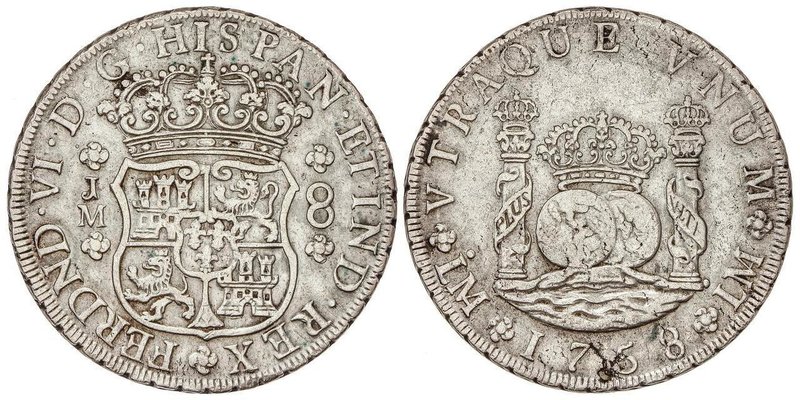 SPANISH MONARCHY: FERDINAND VI
 8 Reales . 1758 . LIMA . L.M. 26,61 grs. Column...