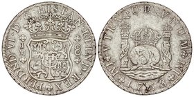 SPANISH MONARCHY: FERDINAND VI
 8 Reales . 1758 . LIMA . L.M. 26,61 grs. Columnario. Punto sobre los dos monogramas de la ceca. (Pequeña grieta en fe...