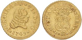 SPANISH MONARCHY: FERDINAND VI
1/2 Escudo. 1749. MADRID. J.B. 1,74 grs. (Leves rayitas en anverso). Cal-245. MBC.