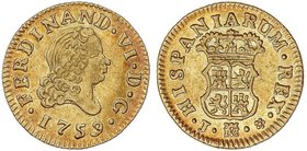 SPANISH MONARCHY: FERDINAND VI
 1/2 Escudo . 1759 . MADRID . J.*. 1,77 grs. Restos de brillo original. Cal-258. EBC-/EBC .
