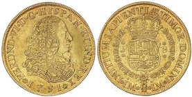 SPANISH MONARCHY: FERDINAND VI
8 Escudos. 1751. LIMA. J. 27 grs. Restos de brillo original. ESCASA. Cal-18; XC-577. EBC.