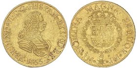 SPANISH MONARCHY: FERDINAND VI
8 Escudos. 1755. LIMA. J.M. 26,89 grs. ESCASA. Cal-22; XC-582. MBC+.
