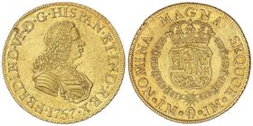 SPANISH MONARCHY: FERDINAND VI
8 Escudos. 1757. LIMA. J.M. 27,02 grs. (Pequeña hojita en gráfila del anverso). Restos de brillo original. BONITA PIEZ...