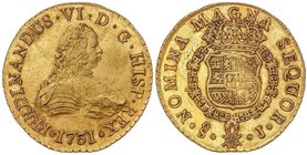 SPANISH MONARCHY: FERDINAND VI
8 Escudos. 1751. SANTIAGO. J. 27,02 grs. Pleno brillo original. BONITA PIEZA. MUY ESCASA. Cal-72; XC-644. SC-.