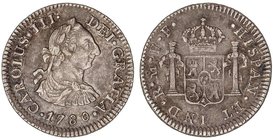 SPANISH MONARCHY: CHARLES III
1/2 Real. 1780/79. MÉXICO. F.F. 1,62 grs. Pátina. Cal-1772 var. sobrefecha. MBC+.