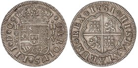 SPANISH MONARCHY: CHARLES III
2 Reales. 1761. SEVILLA. J.V. 5,7 grs. (Levísimo golpecito en el canto a las doce). Cal-1435. EBC-.