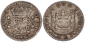 SPANISH MONARCHY: CHARLES III
8 Reales. 1767. GUATEMALA. P. 26,79 grs. Columnario. Pátina oscura. ESCASA. Cal-816. MBC.