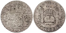 SPANISH MONARCHY: CHARLES III
8 Reales. 1766. LIMA. J.M. 26,87 grs. Columnario. Resellos chinos. (Rayitas). Cal-842. (MBC+).
