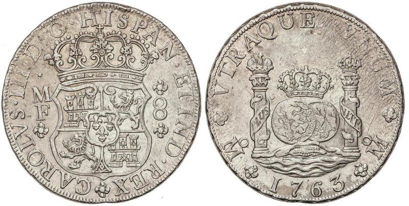 SPANISH MONARCHY: CHARLES III
8 Reales. 1763. MÉXICO. M.F. 26,94 grs. Columnari...