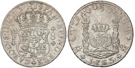 SPANISH MONARCHY: CHARLES III
8 Reales. 1763. MÉXICO. M.F. 26,94 grs. Columnario. Restos de brillo original. BONITA PIEZA. Cal-897. EBC.