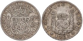 SPANISH MONARCHY: CHARLES III
8 Reales. 1763/2. MÉXICO. M.F. 26,83 grs. Columnario. Sobrefecha clara en parte superior e inferior del 3. Pátina. Cal-...