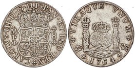 SPANISH MONARCHY: CHARLES III
8 Reales. 1764. MÉXICO. M.F. 27 grs. Columnario. (Levísimos golpecitos). Cal-899. MBC+.
