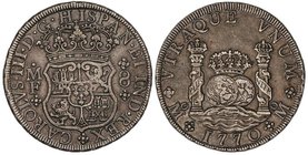 SPANISH MONARCHY: CHARLES III
8 Reales. 1770. MÉXICO. M.F. 26,84 grs. Columnario. Pátina. Cal-910. MBC+.