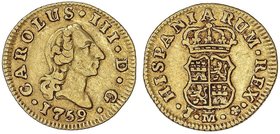 SPANISH MONARCHY: CHARLES III
1/2 Escudo. 1759. MADRID. J. 1,76 grs. ESCASA. Cal-751. MBC.