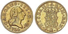 SPANISH MONARCHY: CHARLES III
1/2 Escudo. 1766. MADRID. P.J. 1,75 grs. (Rayitas de ajuste en anverso). Restos de brillo original. Cal-760. (EBC-).