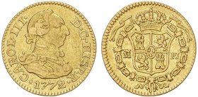 SPANISH MONARCHY: CHARLES III
1/2 Escudo. 1772. MADRID. P.J. 1,74 grs. (Rayitas en anverso). Cal-766. MBC.