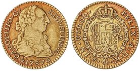 SPANISH MONARCHY: CHARLES III
1 Escudo. 1787. SEVILLA. C.M. 3,31 grs. Pátina rojiza. Cal-750. MBC.