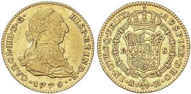 SPANISH MONARCHY: CHARLES III
2 Escudos. 1775/2. MADRID. P.J. 6,69 grs. Brillo original. ESCASA. Cal-448 var. sobrefecha. MBC+/EBC-.