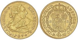 SPANISH MONARCHY: CHARLES III
2 Escudos. 1787. MADRID. D.V. 6,77 grs. (Hojas longitudinales saltadas en anverso). Cal-458. (EBC-).