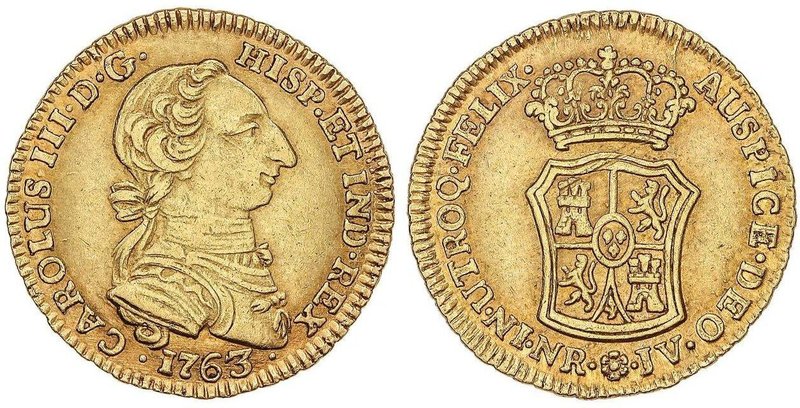 SPANISH MONARCHY: CHARLES III
2 Escudos. 1763. NUEVO REINO. J.V. 6,73 grs. Cara...