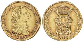 SPANISH MONARCHY: CHARLES III
2 Escudos. 1763. NUEVO REINO. J.V. 6,73 grs. Cara de Rata. Sin indicación de valor. RARA. Cal-538. MBC+.