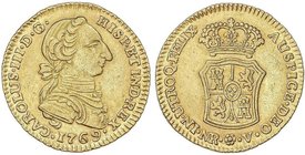 SPANISH MONARCHY: CHARLES III
2 Escudos. 1769. NUEVO REINO. V. 6,71 grs. Cara de Rata. Sin indicación de valor. Único año de este ensayador. Ex. Coll...