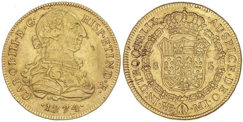 SPANISH MONARCHY: CHARLES III
8 Escudos. 1774. LIMA. M.J. 26,88 grs. (Hojitas e...