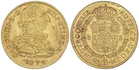 SPANISH MONARCHY: CHARLES III
8 Escudos. 1774. LIMA. M.J. 26,88 grs. (Hojitas en anverso). Cal-29; XC-697. MBC+.