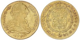 SPANISH MONARCHY: CHARLES III
8 Escudos. 1787. LIMA. M.I. 26,83 grs. (Leves rayitas en anverso). Cal-46; XC-714. MBC-/MBC.
