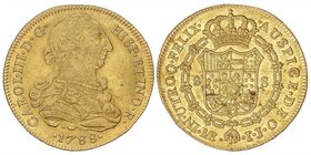 SPANISH MONARCHY: CHARLES III
8 Escudos. 1788. LIMA. I.J. 26,86 grs. (Hojitas en reverso). Restos de brillo original. Cal-48; XC-716. MBC+/EBC-.