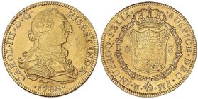 SPANISH MONARCHY: CHARLES III
8 Escudos. 1786. MÉXICO. F.M. 27 grs. Ceca y ensayadores invertidos. (Descolgada. Limpiada). Cal-110; XC-785. (MBC+).