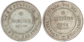 PESETA SYSTEM: CANTONAL REVOLUTION
5 Pesetas. 1873. CARTAGENA. 28,23 grs. 85 perlas. 80 perlas. Anverso y reverso coincidentes. Tipo medalla. (Grieta...