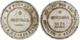 PESETA SYSTEM: CANTONAL REVOLUTION
5 Pesetas. 1873. CARTAGENA. 28,8 grs. 85 perlas. 80 perlas. Anverso y reverso coincidentes. Tipo Medalla. (Golpes ...