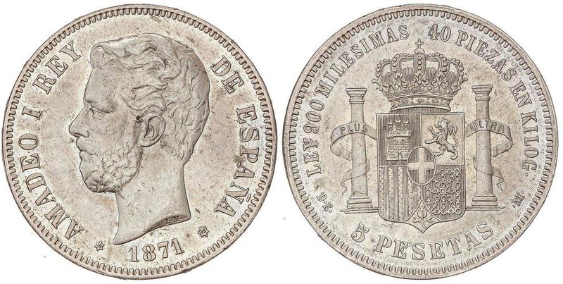 PESETA SYSTEM: AMADEO I
5 Pesetas. 1870 (*18-75). D.E.-M. (Leves rayitas en anv...